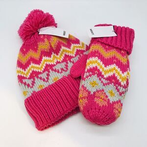 MIXIT Winter Beanie & Mitten Combo Pack Womens Shocking Pink PomPom Stocking Hat